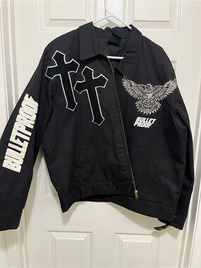 Black Graphic Bomber Jacket with Cross & Eagle Print